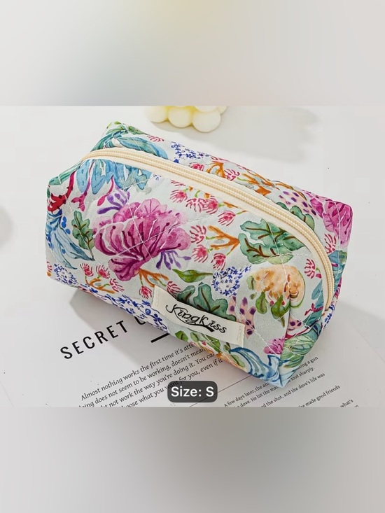 Handbags - Floral Quilted Cosmetic Bag - Pink & Green
